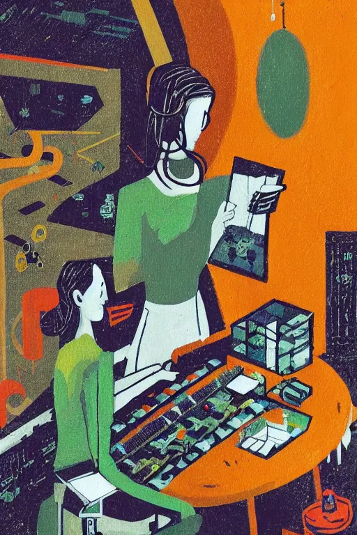 Prompt: portrait of an engineer woman fixing the samsara core cluster, fine portrait, concept art, in the style of brecht evens