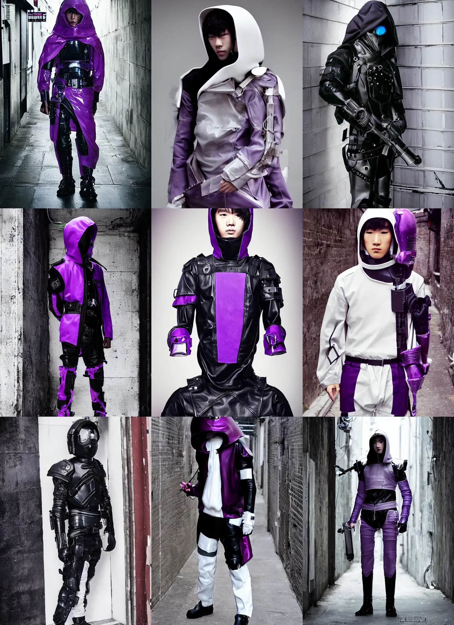 Prompt: male ulzzang with white sci - fi tactical gear, black leather garment, purple transparent sci - fi hood, full shot fashion photography, alleyway, by irving penn and storm thorgerson, ren heng, peter elson