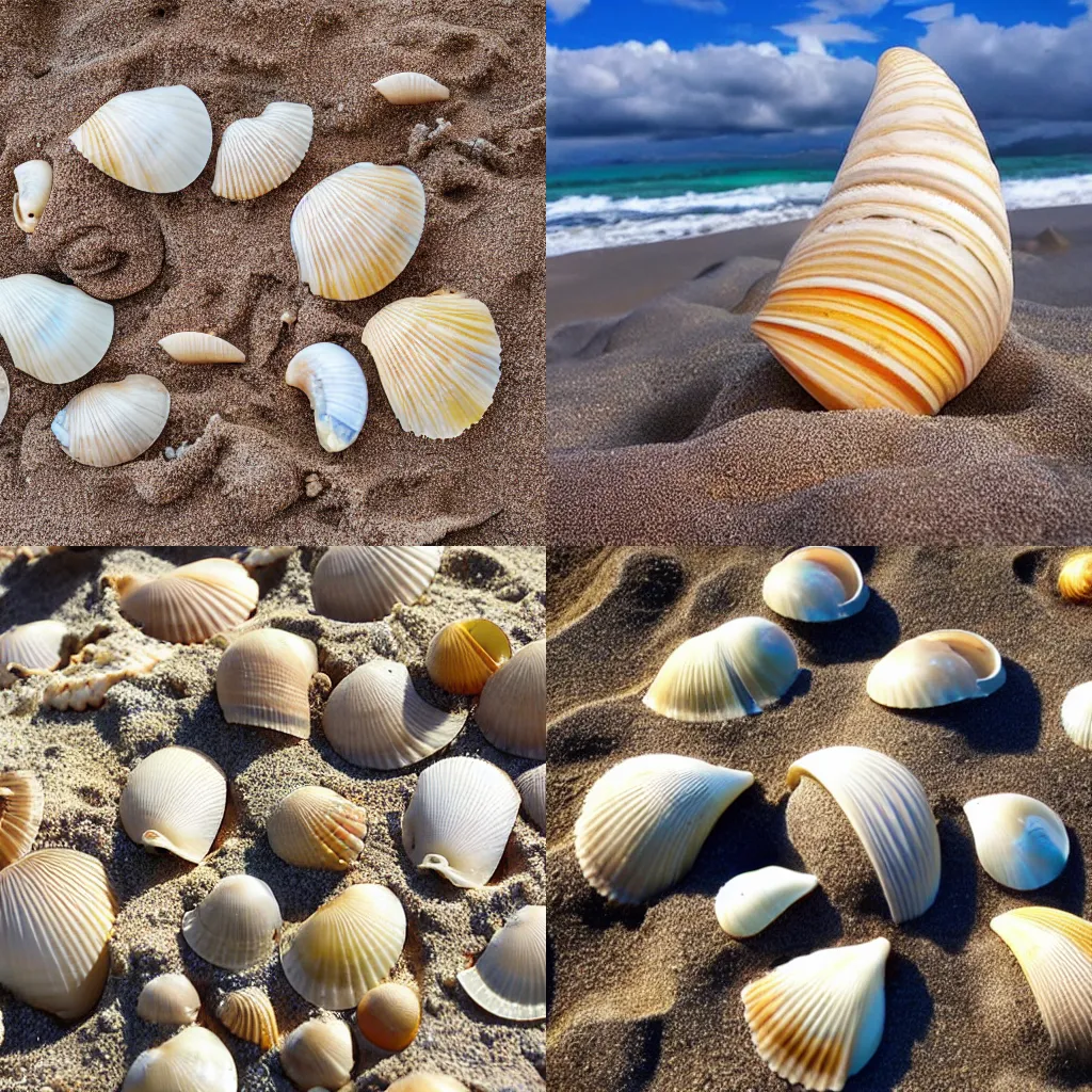 Prompt: beautiful shells on the beach, alien world