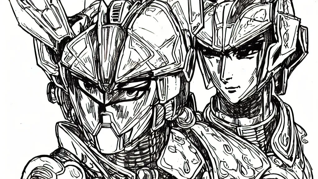 Image similar to prompt: human Fragile looking character portrait face, Human inside modernistic looking armor with wild hairstyle, inspired by Evangeleon and Gundam anime, ink detailed line drawing, intricate detail, high detail, manga 1980, poster composition