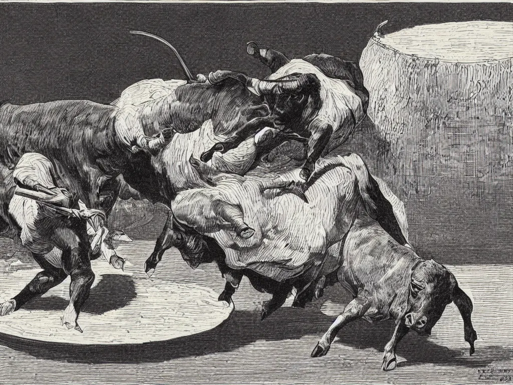 Image similar to matador challenging a bull in a ramen bowel filled with a desert, in style of Leonid Soifertis, soft stylised, monochromatic