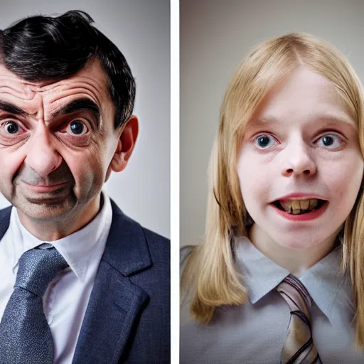 Image similar to A portrait mr bean elizabeth teams up with a teenage mr bean, perfect faces, 50 mm, award winning photography