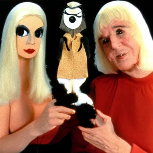 Image similar to 1976 a woman holding a hand puppet made out of human hair and cute eyes 16mm technicolor Almodovar John Waters Russ Meyer Doris Wishman old photo