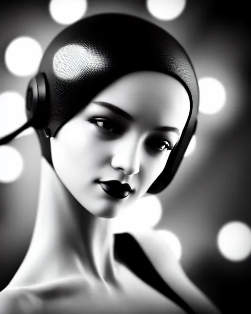 Image similar to black and white dreamy young beautiful female artificial intelligence, cyborg, cinematic, rim light, bokeh, photo - realistic, elegant, high detail, 8 k, masterpiece, photo taken in 1 9 3 0