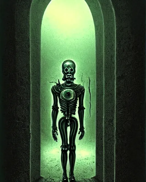 Image similar to full-body creepy realistic central composition, a decapitated soldier with futuristic elements. he welcomes you into the fog with no head, dark dimension portal, empty helmet inside is occult mystical symbolism headless full-length view. attendants watching, standing in ancient gate eldritch energies disturbing frightening eerie, what does it mean, artwork by Salvador Dali