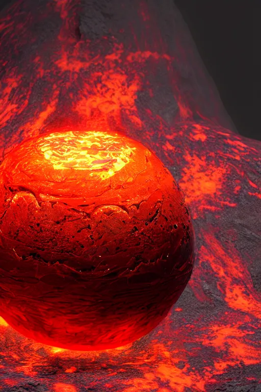 Image similar to a scaly phoenix egg made from opalescent coal and molten lava, on a carved red hot flaming stone floor photorealistic, dlsr, octane render, 8 k, cinematic lighting