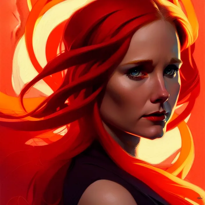 Prompt: style artgerm, joshua middleton, dean cornwell, beautiful kristen bell with dark red dress, very long orange hair, symmetrical face, symmetrical eyes, fire powers fire swirling, detailed, volcano setting, cinematic lighting