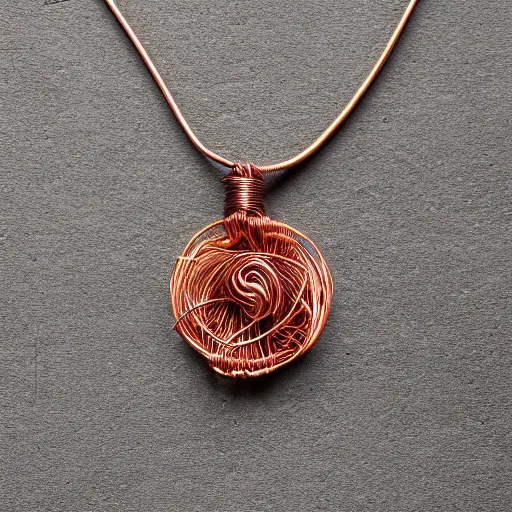 Prompt: a beautiful circular copper wire amulet, made from dirt and sand.