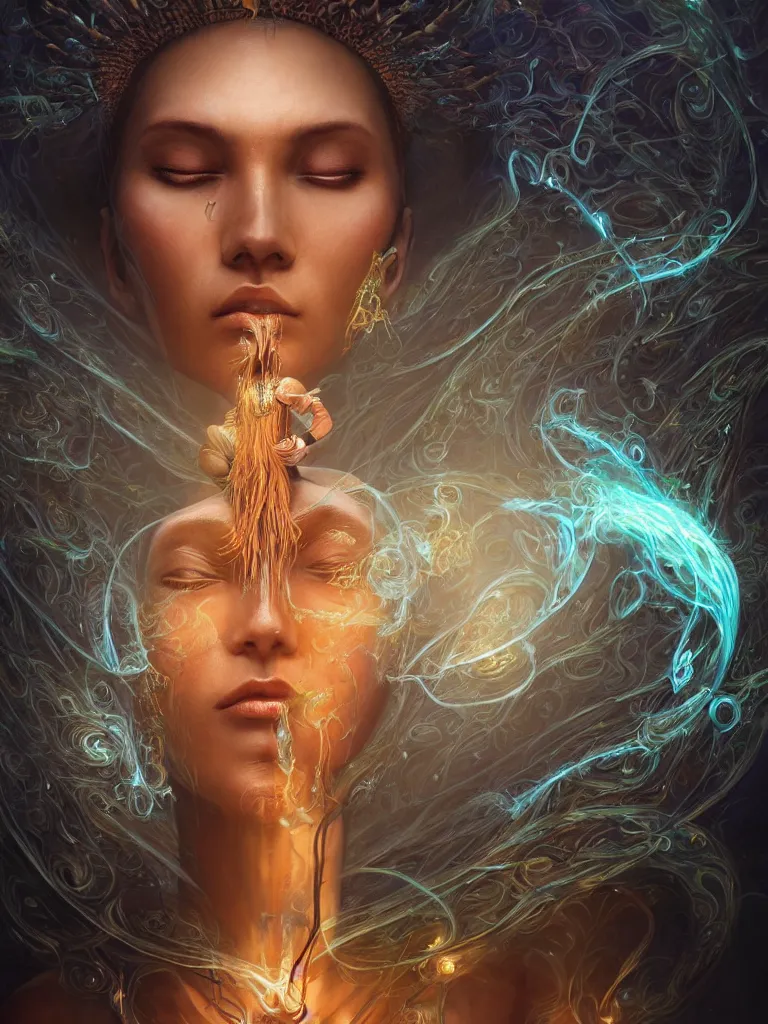 Image similar to an ancient mystical alluring female shaman generating flowing energy and surrounded by wisps of incense smoke sits meditating in a magical cybernetic robot temple, face face face, by karol bak and artgerm, 3 d, cinema 4 d render, trending on artstation