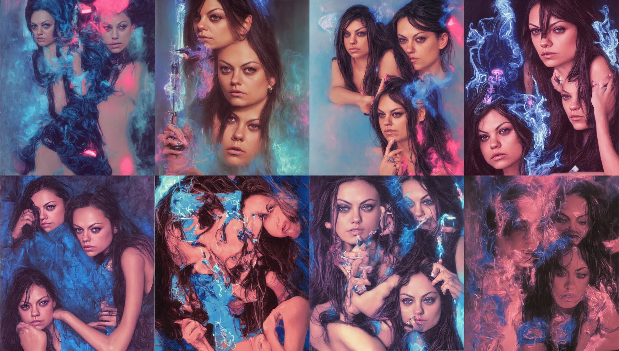 Image similar to portrait mila kunis looking into the camera leaning back against a wall smoking a cigarette, blue and pink neon lit entrance, 1 9 8 0 s, intricate, moody, tasteful, intimate, highly detailed, short focus depth, artgerm, donato giancola, joseph christian leyendecker