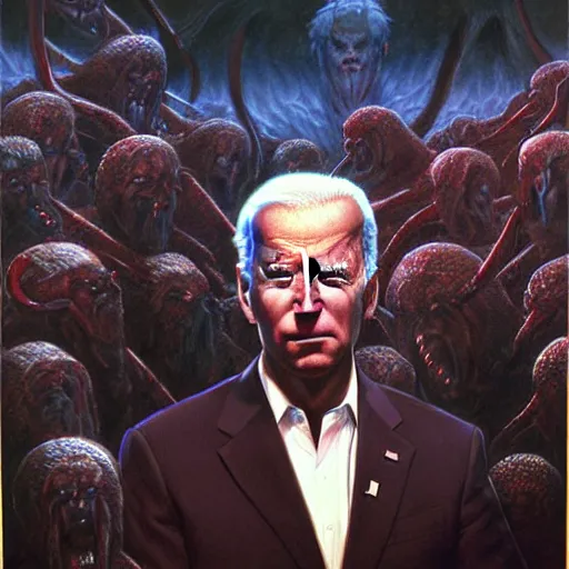 Image similar to epic Joe Biden in pandemonium, demons and souls, portrait, art by Wayne Barlowe, oil on canvas