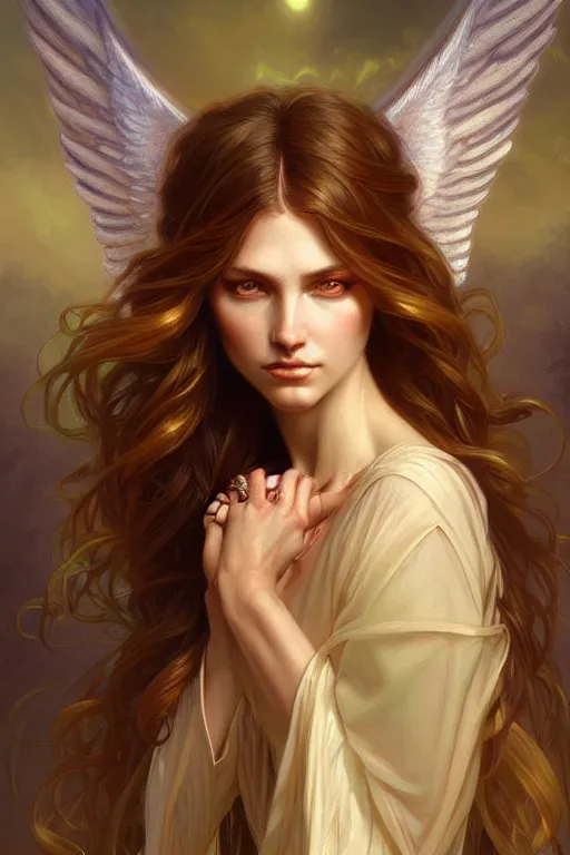 Prompt: Angel portrait, fantasy, amber eyes, face, long hair, intricate, elegant, highly detailed, digital painting, artstation, concept art, smooth, sharp focus, illustration, art by artgerm and greg rutkowski and alphonse mucha