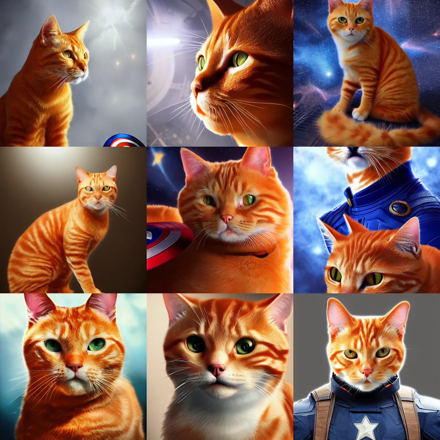 Prompt: photorealistic art of an orange tabby cat as captain america, dynamic lighting, space atmosphere, hyperrealism, stunning visuals