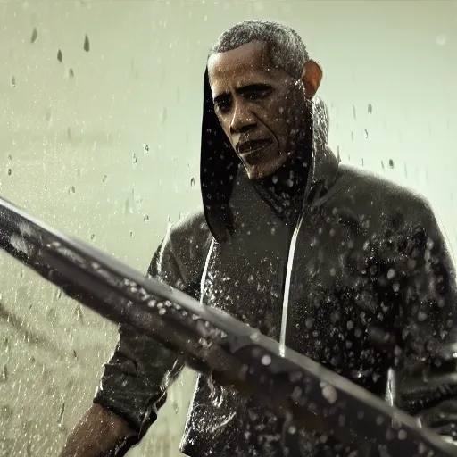 Prompt: Obama with a katana in rain ready to battle, 4k, 40nm lens, masterpiece, hyperrealistic, extreme details, unreal engine 5, cinematic,