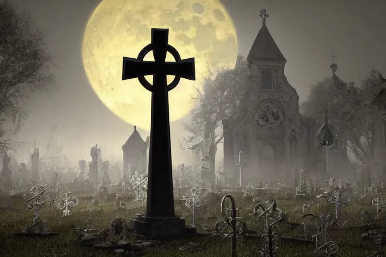 Image similar to an ultra detailed animation of a cross in a graveyard at midnight on halloween, digital art, dark fantasy, concept art, soulslike, by alphonse mucha, blood moon eclipse, ruined building in the background, artstation, 8 k, unreal engine render