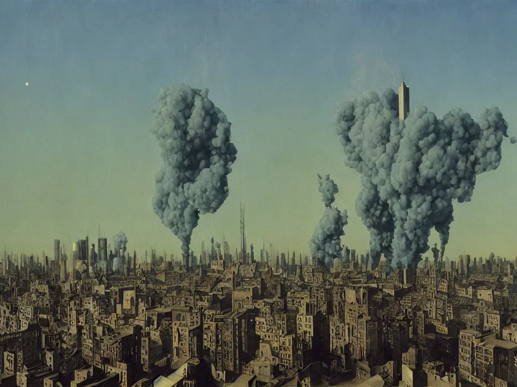 Image similar to albino mystic, looking brutalist metropolis, toxic, industrial with smoke in the distance. Painting by Jan van Eyck, Audubon, Rene Magritte, Agnes Pelton, Max Ernst, Walton Ford