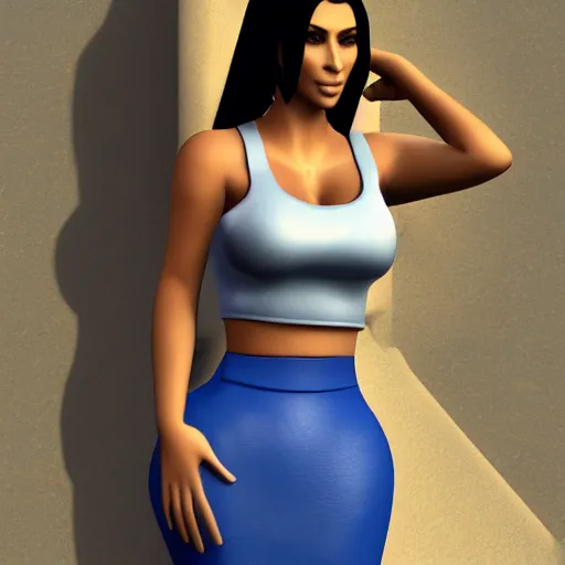 Prompt: Kim kardashian big bust wearing a blue crop top with big cleavage, full body shot, mk6 silver vw Jetta nearby, Realistic, 4k Resolution, 8k Resolution, Detailed, Very Detailed, Highly Detailed, HD Quality, gta v load screen, Trending on Artstation