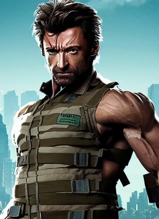 Prompt: hugh jackman as solid snake, portait