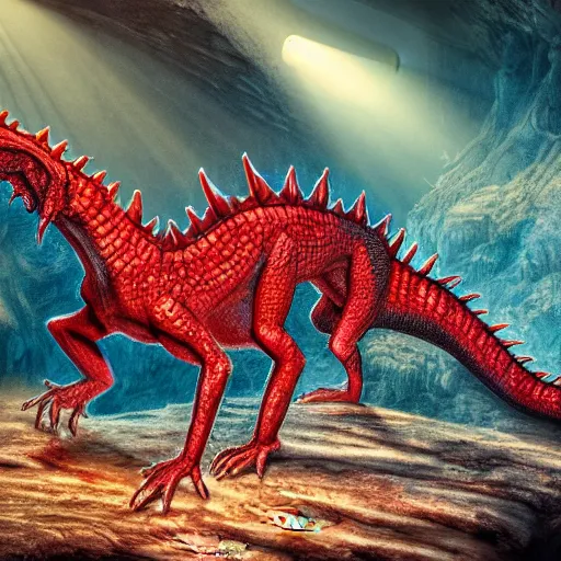 Image similar to red scaly dragon sleeping on a pile of bones in a dark dusty cave with a ray of light shining on it\'s face. Very detailed 8k. Photorealistic fantasy