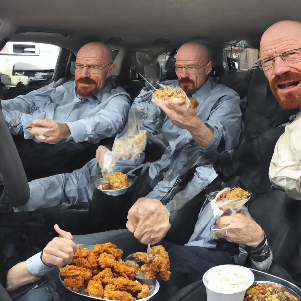 Image similar to photo of walter white sitting in a car, surprised soyjak face, surrounded by fried chicken, mukbang video, youtube video, soyface!!!, hd