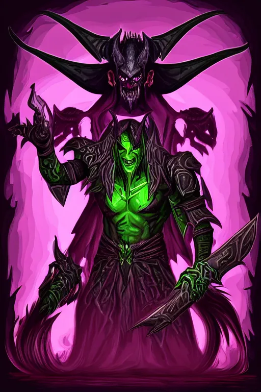 Prompt: illidan the demon hunter with band on his eyes that he sees through and demon wings from world of warcraft vector art