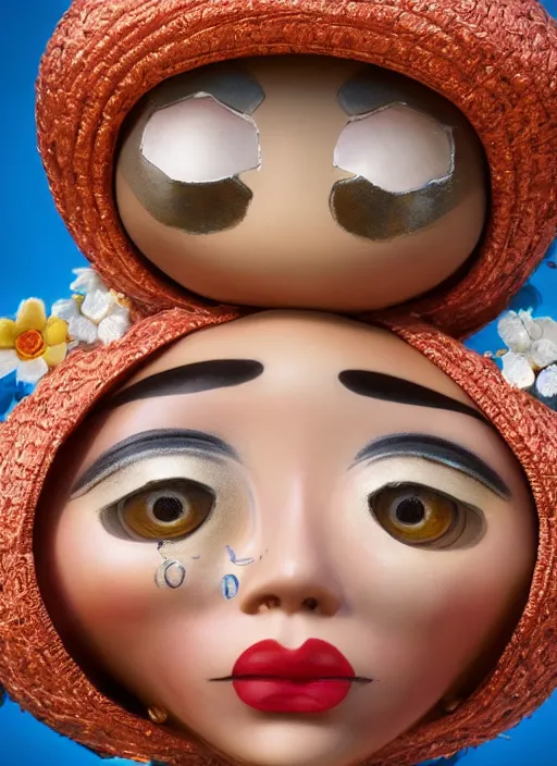Image similar to closeup portrait of tin toy girl, rice hat, vietnam bikini, depth of field, zeiss lens, detailed, symmetrical, centered, fashion photoshoot, by nicoletta ceccoli, mark ryden, lostfish, breathtaking, 8 k resolution, extremely detailed, beautiful, establishing shot, artistic, hyperrealistic, octane render