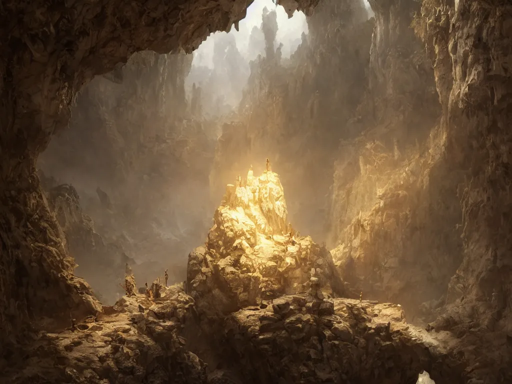 Prompt: furnished cave room, ornate shield repurposed as giant table, exquisite, volumetric lighting, 8 k octane beautifully detailed render, post - processing, extremely hyper - detailed, intricate, epic composition, cinematic lighting, masterpiece, trending on artstation, stunning art by anders zorn, by frazetta, beautiful cinematic light