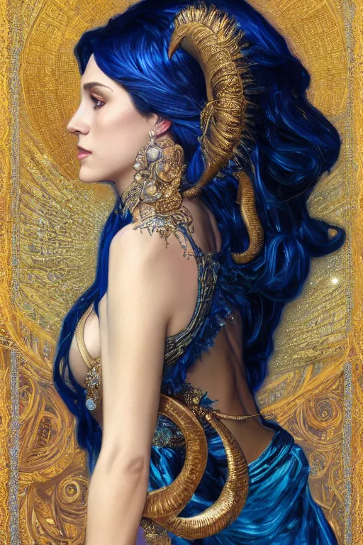 Image similar to a beautiful woman with deep blue, sparkly skin, big ram horns, flowing dress, gold jewellery, dnd, face, fantasy, intricate, elegant, highly detailed, digital painting, artstation, concept art, smooth, sharp focus, illustration, art by artgerm and greg rutkowski and alphonse mucha