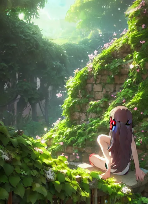 Image similar to girl sitting on a stone stair under a vine rack, many green plant and flower gowing on it, illustration concept art anime key visual trending pixiv fanbox by wlop and greg rutkowski and makoto shinkai and studio ghibli