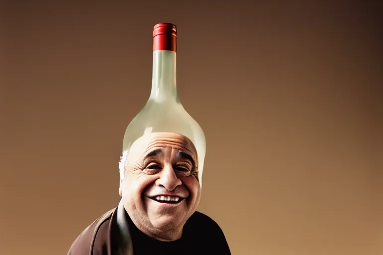 Image similar to closeup portrait of danny devito in the shape of a wine bottle, natural light, sharp, detailed face, magazine, press, photo, steve mccurry, david lazar, canon, nikon, focus