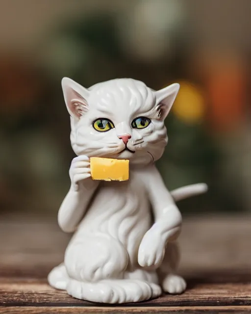 Image similar to high quality presentation photo of a detailed porcelain figurine of a cute cat dressed as Napoleon holding a piece of cheese, photography 4k, f1.8 anamorphic, bokeh, 4k, Canon, Nikon