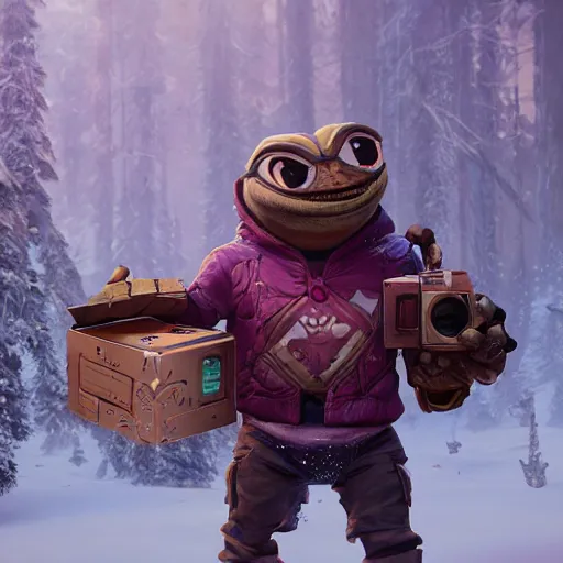 Prompt: pepe holding loot box, wadim kashin, simon stalenhag, featured in artstation, octane render, cinematic, elegant, intricate