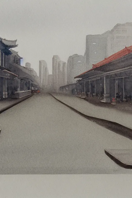 Image similar to A watercolor depicting an empty Shanghai Wujiaochang, gloomy weather, high contrast, smooth, by Joseph Zbikowicz, 8k