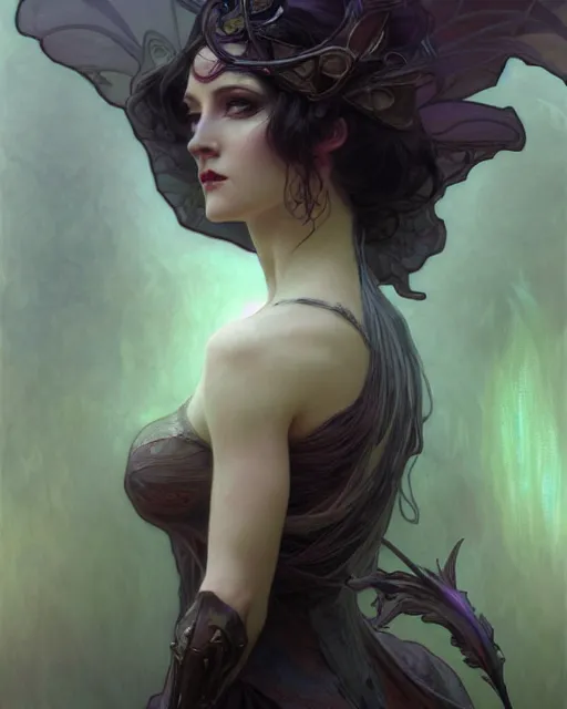 Prompt: wlop, bastien lecouffe deharme, alfons mucha, detailed portrait digital painting of a beautiful serious villainess wearing fantasy clothing like liliana vess, villainess has black angel wings, evil mood, hellish battlefield in the background, embers flying, unreal engine, hyper realism, realistic shading, cinematic composition, blender render, ultrawide shot