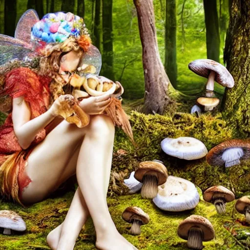 Prompt: A bohemian fairy eating mushrooms in a magical forest