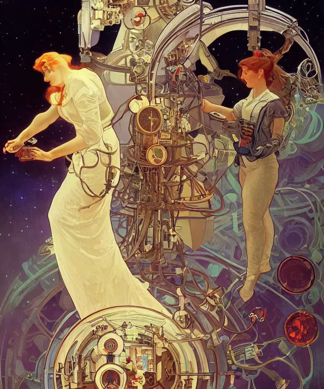 Image similar to Future scientists discover the cure on space station, detailed, elegant, intricate, beautiful, digital painting, artstation, concept art, smooth, sharp focus, by Alphonse Mucha and Shepard Fairey