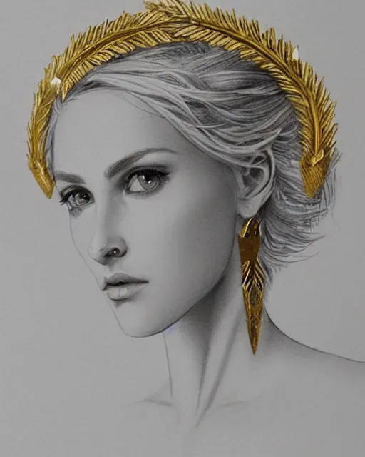 Image similar to front view of beautiful aphrodite greek goddess wearing a gold laurel wreath and triangle earrings, realism tattoo sketch, beautiful piercing eyes with sharp pupils, beautiful blonde hair, in the style of greg rutkowski, fantasy, amazing detail, epic, elegant, smooth, sharp focus