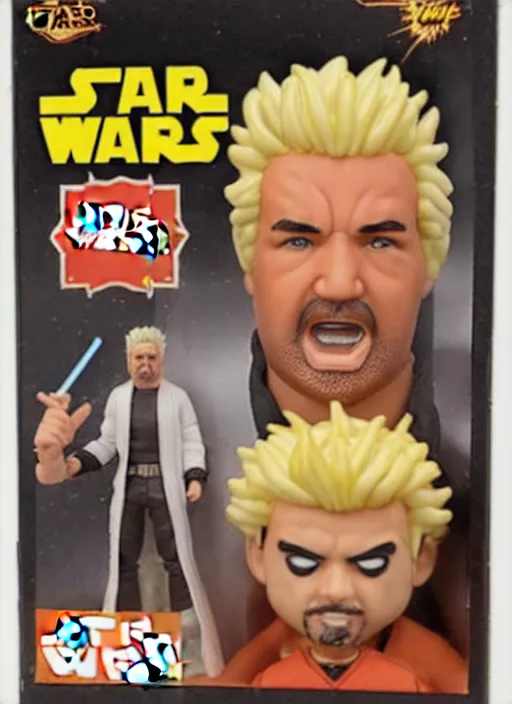 Image similar to star wars black series action figure of guy fieri with barfing chili cheese fries action, pristine box, toy still in package, ebay, extremely detailed