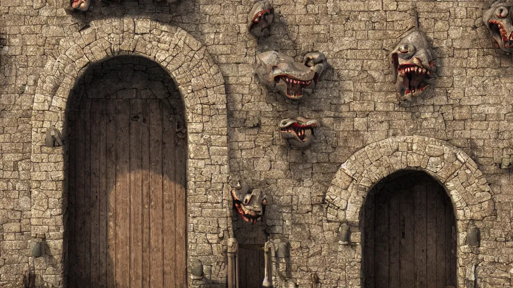 Image similar to castle gate but it is a gaping mouth with a lot of teeth inside, the flesh pulsating with worms, iltra quality, octane render, by Andres Rios