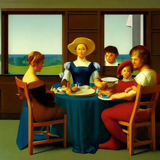 Image similar to A brillaint rendition of a family supper by Raphael, Hopper, and Rene Magritte. detailed, romantic, enchanting, trending on artstation.