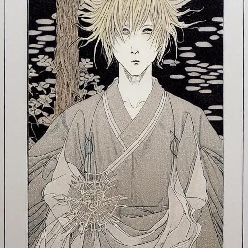 Prompt: prompt: Fragile looking vessel portrait soft light drawn by Takato Yamamoto, inspired by Fables, ancient crown, magical and alchemical weapons, soft light, white background, intricate detail, intricate ink painting detail, sharp high detail, manga and anime 2000