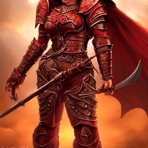 Image similar to A noble female red dragonborn paladin with a halberd heroically posing in front of a castle, fantasy, medieval, cinematic, plate armor, serious expression, 8k, trending on artstation, Bayard Wu, Rudy Siswanto, Sam Santala, In the style of Clint Cearley