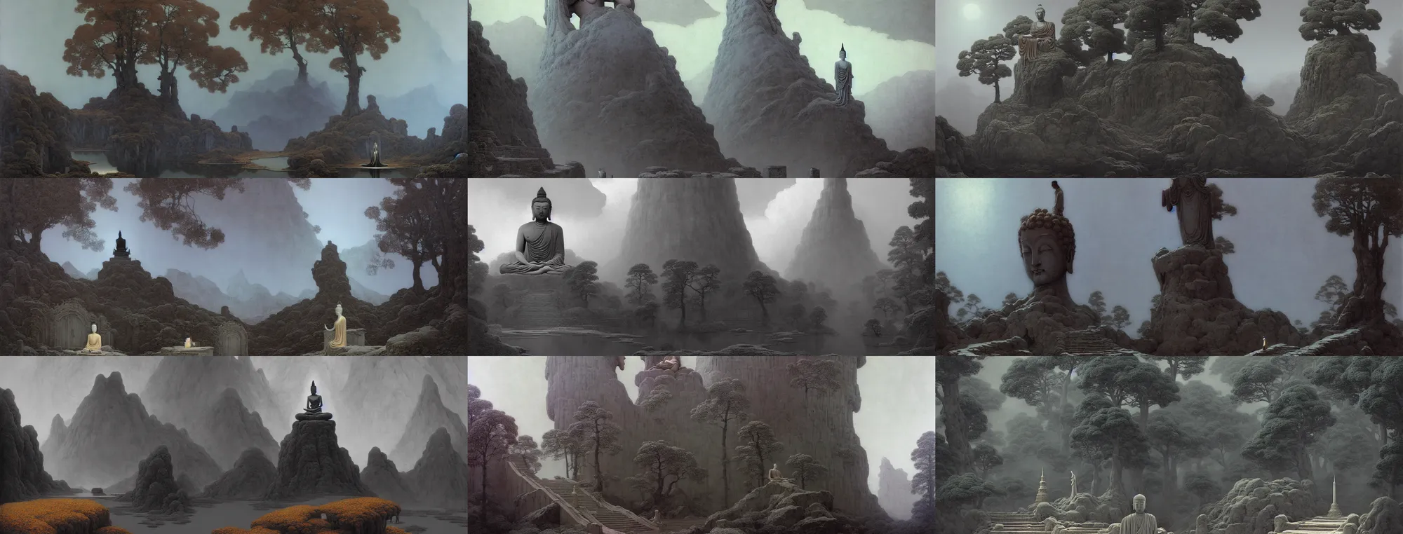 Image similar to a gorgeous bleak autumn painting by barlowe wayne, maxfield parrish, gustave dore and marco mazzoni. a lonnely huge chinese buddha statue. grey blue and very little light verdancy. the winding stone steps. ultra clear detailed. 3 d, octane render. turbulent blood lake.