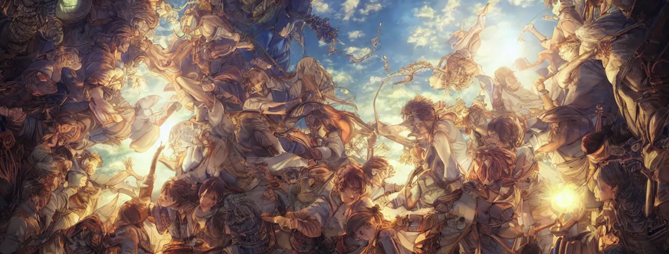 Image similar to dreams and hopes reaching into the heavens. hyperrealistic anime background illustration by kim jung gi, colorful, extremely detailed faces, intricate linework, smooth, super sharp focus, bright colors, high contrast, matte, octopath traveler, unreal engine 5 highly rendered, global illumination, radiant light