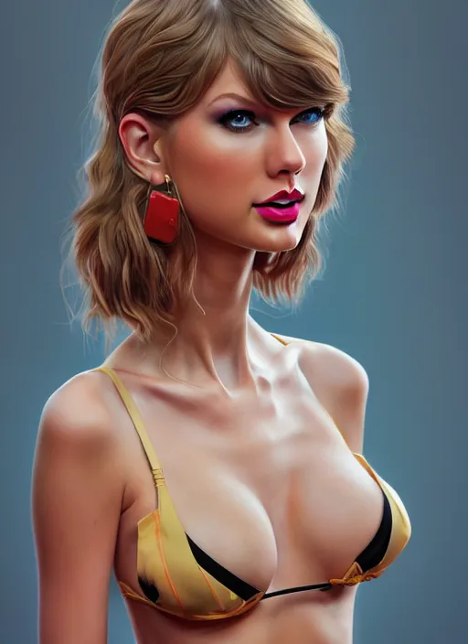 Image similar to 3 / 4 view of a portrait of taylor swift wears compact alluring bikini, evangelion, au naturel, hyper detailed, digital art, trending in artbreeder, cinematic lighting, studio quality, frostbite 3 engine rendered, art style by klimt and nixeu and ian sprigger and wlop and krenz cushart