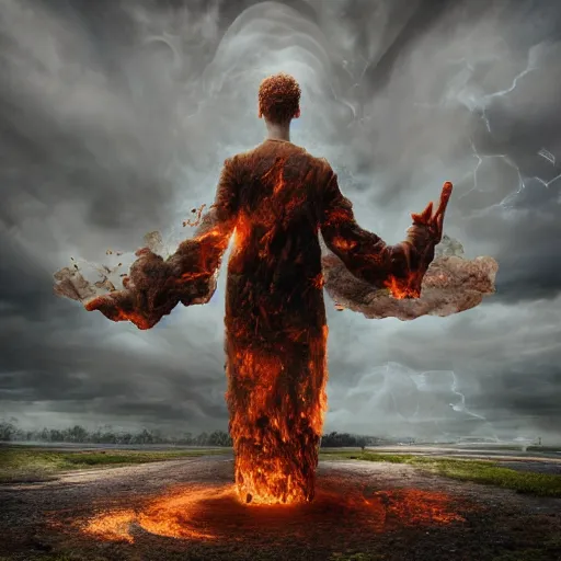 Image similar to Editorial Masterpiece extremely realistic Illusion Arcane elemental High Orders Nephilim Virtues figure infused with coalesced fantasy crystalline Magical fire by Erik Johansson, perfect crisp light