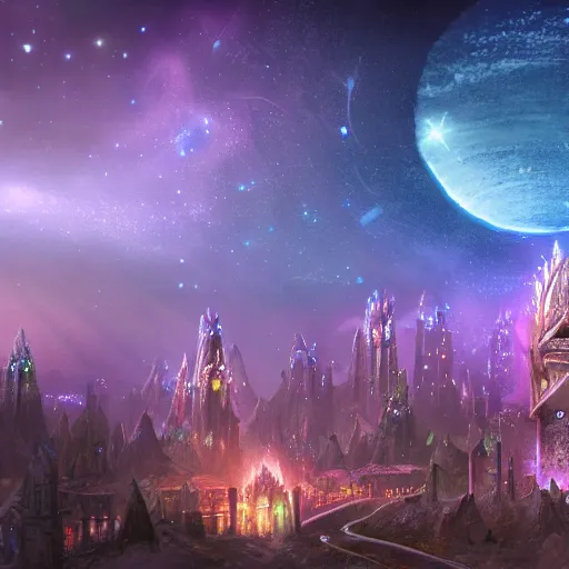 Prompt: elven city at night with lights and galaxy in the sky, purple, realistic, lights, galaxy, stars, future, art station, fantasy, digital art, photoreal, cliff,