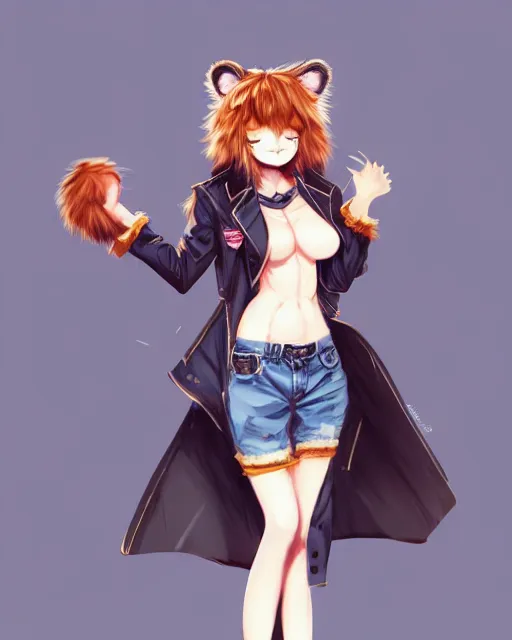 Image similar to fullbody portrait of anthropomorphic half - tiger fluffy cute anime woman in jeans coat, concept art, anime art, by a - 1 picture, trending on artstation artgerm, ross tran, wlop, marc davis