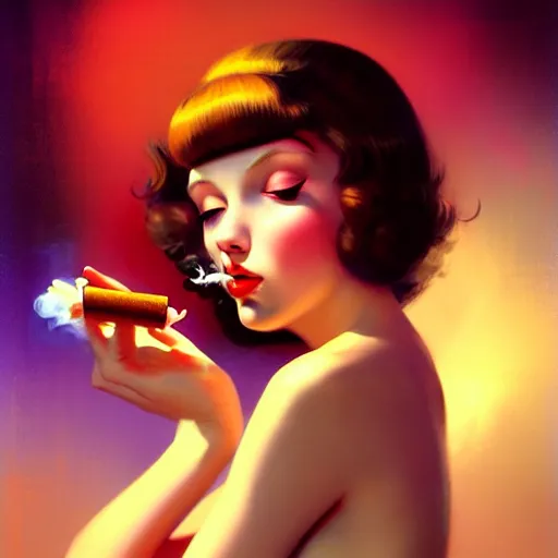 Prompt: a cute female character smoking a joint, psychedelic art,, by greg rutkowski, gil elvgren, earl moran, enoch bolles, glossy skin, pearlescent, anime, maxim magazine, morandi color scheme, art station, by ilya kuvshinov h 6 4 0