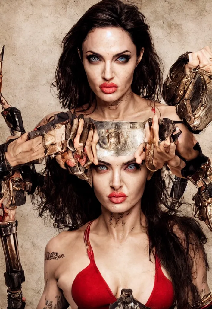 Prompt: full body photo, fighting female warrior, action, provocative indian, nose of Angelina Jolie, lips of Megan Fox, big symmetrical eyes of Bjork, award winning photography by Leonardo Espina